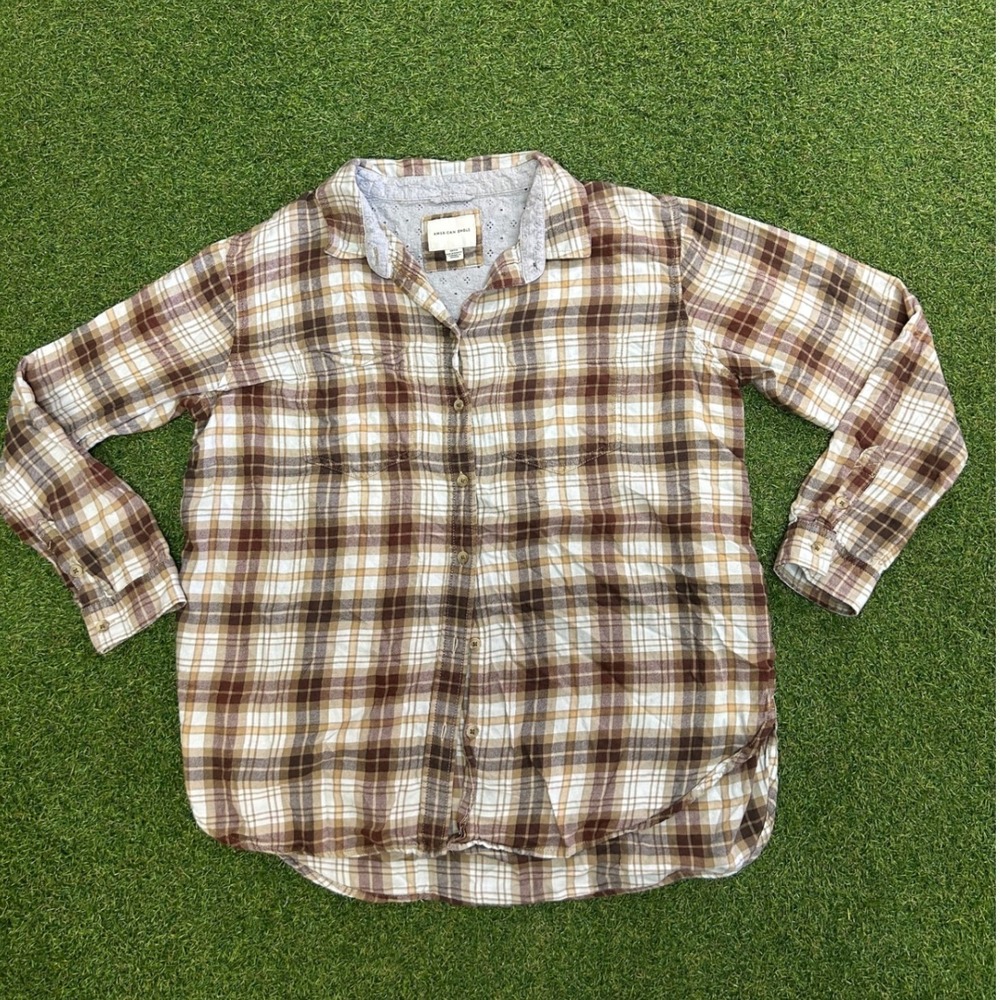 American Eagle Brown Plaid Button Down Shirt Long Sleeve Eyelet Trim Small